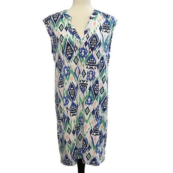 Tori Richard Honolulu Shift Dress Women's Blue Multicolor Print V Neck Size L - Picture 1 of 10